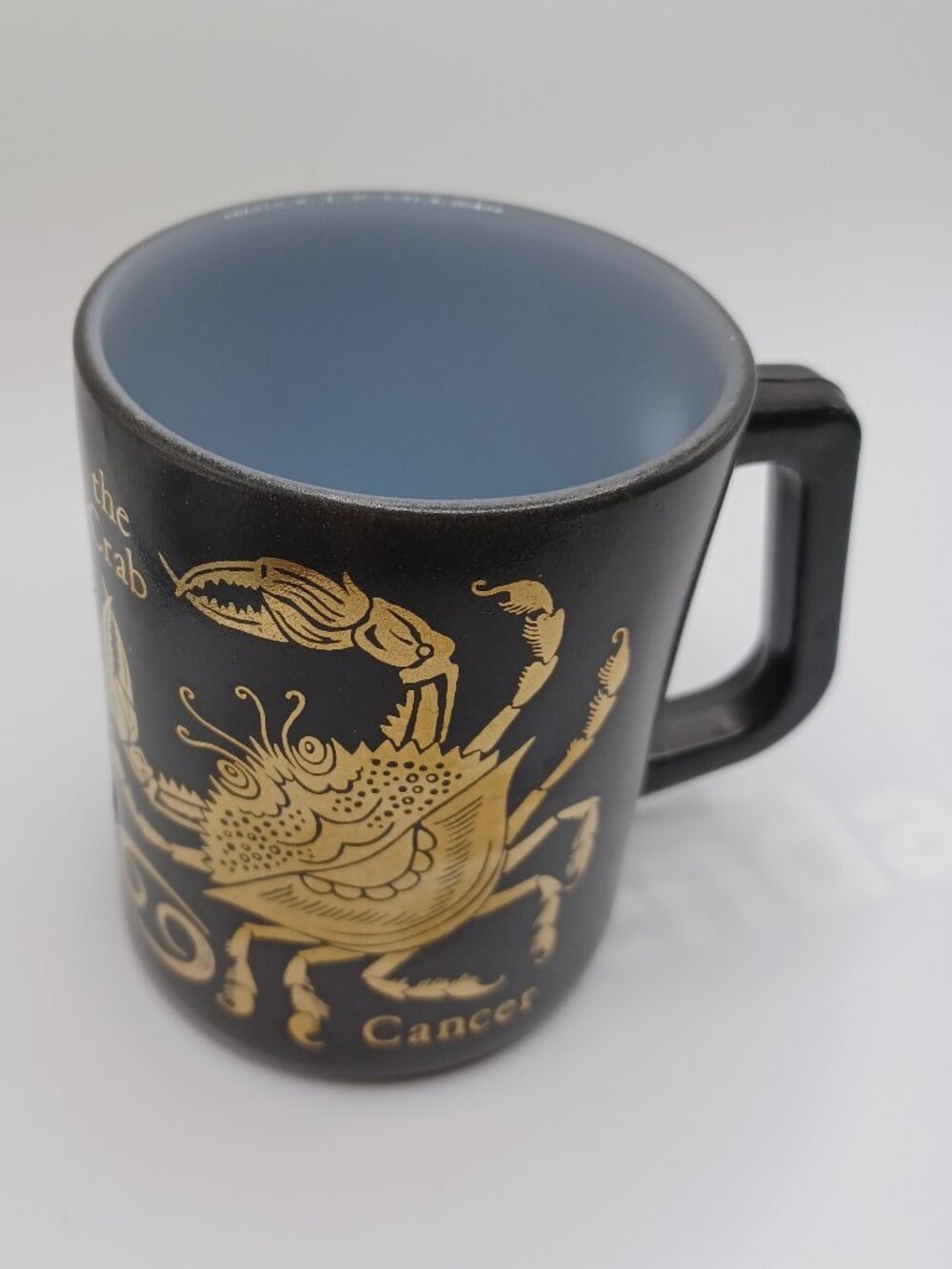 Vintage Federal Milk Glass ZODIAC Sign Cancer Crab Black Gold Coffee Mug USA